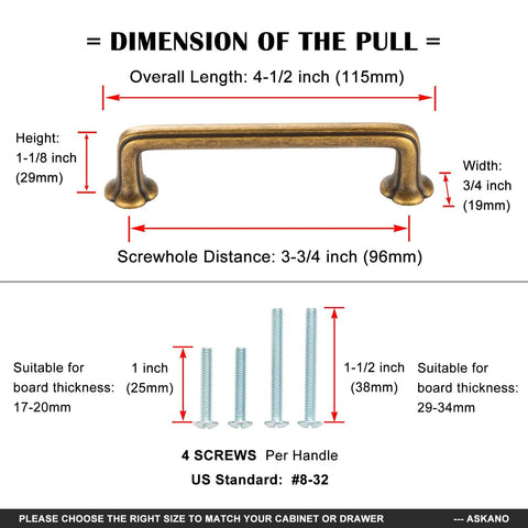 Diagram showing dimensions of antique brass cabinet pulls, 4-1/2 inch length, 3-3/4 inch hole centers, with included screws.