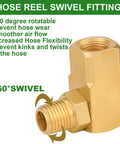 Two Pack One Quarter Inch NPT Brass Swivel Joint 90 Degree Elbow For Air Hose Reels Female To Male Threads High Pressure Up To 5000 PSI Includes Teflon Tape For Leak Free Connection. Brass 1/4 NPT 360° swivel elbow fitting for air hose reel