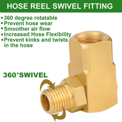 Two Pack One Quarter Inch NPT Brass Swivel Joint 90 Degree Elbow For Air Hose Reels Female To Male Threads High Pressure Up To 5000 PSI Includes Teflon Tape For Leak Free Connection. Brass 1/4 NPT 360° swivel elbow fitting for air hose reel