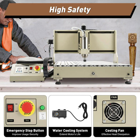 USB 4 Axis CNC Router Engraver Kit 6090 With Water Cooled VFD Spindle 2.2KW Handwheel Control Box machine with emergency stop button