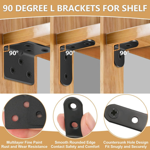 Heavy Duty L Brackets For Shelves 107 Piece Value Set with rustproof metal supports shown installed on wood furniture.