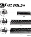 Three Magnetic Metric Socket Organizer Set trays for Toolboxes and Rolling Carts with size details, shown without sockets
