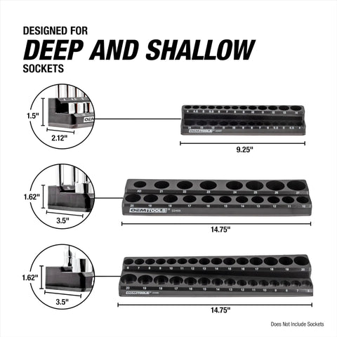 Three Magnetic Metric Socket Organizer Set trays for Toolboxes and Rolling Carts with size details, shown without sockets