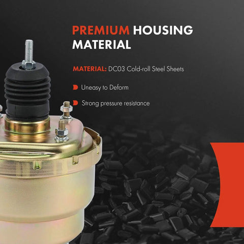 Street Proven Universal Vacuum Power Brake Booster For Hot Rods And Muscle Cars With Dual Diaphragm 7 Inch metallic housing with rubber boot detail.