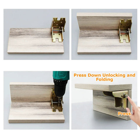 Badass Self Locking Folding Hinges, Slick 0-90 Degree Leg Support Brackets, Top Tier Galvanized Steel Foldable Locking Hardware With Anti Rust Coating For Tables Beds And Workbenches 8 Pack, showcasing installation process.