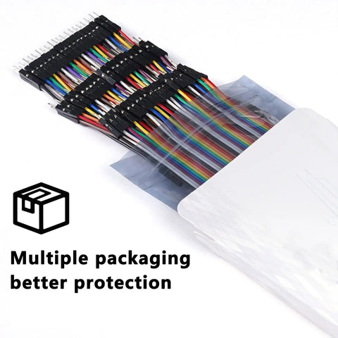 Jumper Wire Kit 120 Piece Set with Three 40 Pin Jumpers, 10 Cm Length, multicolor cables in protective packaging.