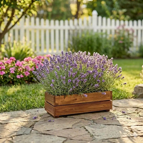 Premium Acacia Wood Planter Box With Crate Style Design Built To Last, Go To Garden Must Have For Flowers Decor And Storage displayed outdoors
