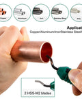 Hand using deburring tool on copper pipe showing applications for multiple materials with 2 HSS-M2 blades displayed.