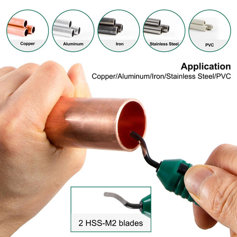 Hand using deburring tool on copper pipe showing applications for multiple materials with 2 HSS-M2 blades displayed.