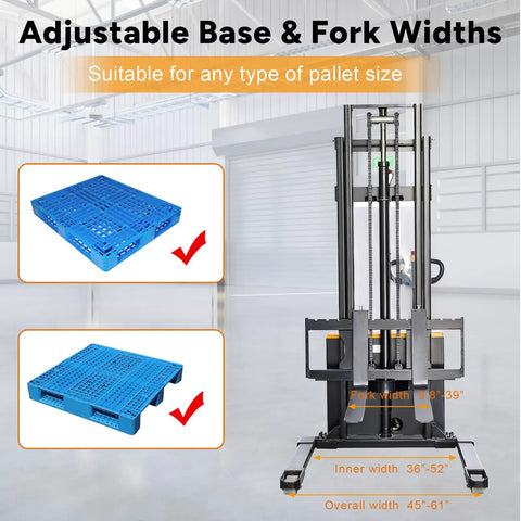 Fully Powered Electric Walkie Stacker With Adjustable Straddle Legs for pallet handling in warehouse, showing adjustable forks and base.