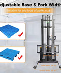 Kaixun Full Powered Electric Walkie Stacker With Adjustable Straddle Legs For Easy Pallet Handling And Lifting showing adjustable fork widths for various pallet sizes.