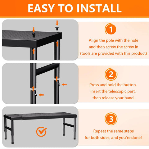 Installation steps for Hella Adjustable And Stackable Kitchen Cabinet Organizer, Pretty Darn Solid Metal Pantry Shelf.