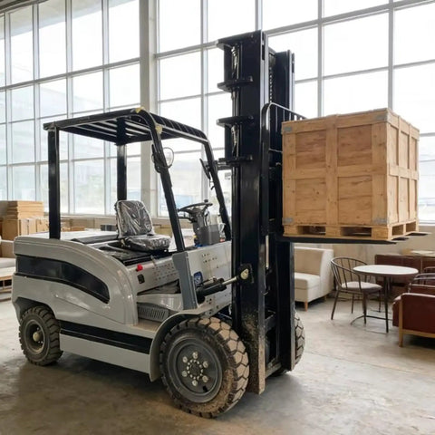 Heavy Duty Side Loading Electric Forklift With 5000 Lb Capacity And Quick Charge Lithium Ion Battery lifting wooden pallet in warehouse.