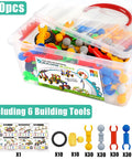Epic 170 Piece STEM Building Toys Kit For Kids Aged 4 8 With 6 Color Tools And 20 Wheels in a clear storage box