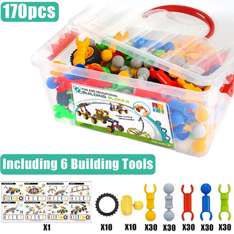 Epic 170 Piece STEM Building Toys Kit For Kids Aged 4 8 With 6 Color Tools And 20 Wheels in a clear storage box