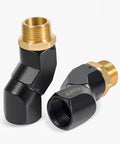 Two Piece One Inch NPT Fuel Hose Nozzle Swivel Kit With 360 Degree Rotation For Easy Safe Fueling And Flexible Angled Access Gas Pump Ready Fits Any 1 Inch Hose Or Nozzle Leak Free And Durable, black and brass fittings