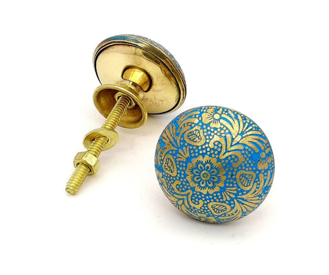 Sky Blue Brass Door Knobs Set Of 6 38mm Handcrafted Drawer Pulls And Cabinet Knobs For Cabinets Wardrobes And Kitchen Cupboards Includes Screws For Easy Install, floral blue brass knob