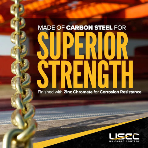 Heavy Duty Grade 70 Transport Chain 550 Foot Bulk Drum Beast Mode 5/8 Inch Steel Links with Zinc Chromate finish for corrosion resistance.