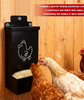 No Sweat Auto Fill Metal Chicken Grit Feeder Slick Oyster Shell Dispenser With Tight Lid holding feed for hens.