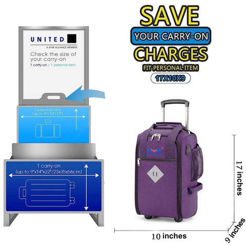 Rolling Personal Item Under Seat Duffle Bag 17x10x9 Inches Fits Most Major Airlines Including Spirit and Frontier next to size checker