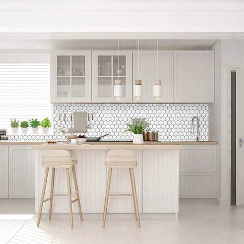 Modern kitchen featuring Hexagon Peel And Stick Tile Backsplash 12x12 Inch 3D Realistic Look Self Adhesive Kitchen Wall Bathroom Laundry Room 40 Percent More Coverage Easy Update With PVC And PU Glue on the wall.