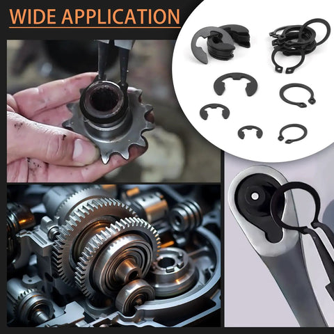 Heavy Duty 324 Piece Carbon Steel Retaining Ring Kit With 12 C Clips And 12 E Ring Sizes shown in mechanical applications