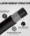 Three Eighth Inch Fuel Hose Line Push Lock NBR Rubber SAE 30R7 showing braided polyester fiber and NBR layers