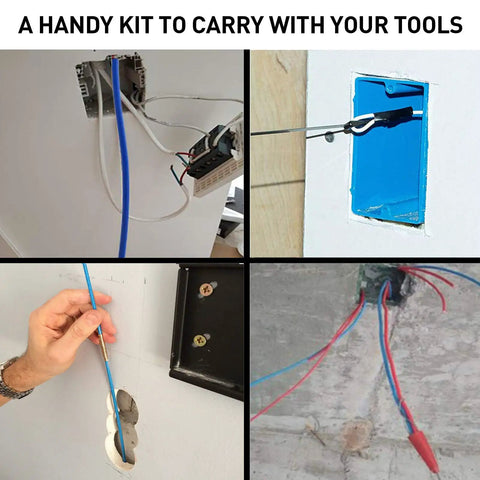 Badass Heavy Duty 50 Foot Fiberglass Cable Wire Fish Rod Pull Kit Featuring Hella Slick Brass Connectors used in wall and ceiling installations.