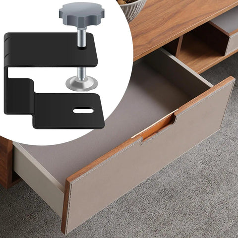 Multi Purpose Cabinet Installation Kit With Pro Grade Adjustable Drawer Jig And Locking Clamp Woodworking Fixture shown with open desk drawer