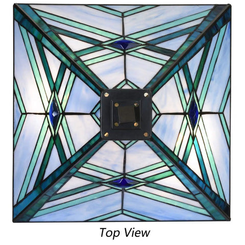 Top view of Blue Tiffany Style Mission Stained Glass Table Lamp For Reading And Work Vibe Decor, handcrafted glass shade.
