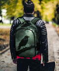 Dope Red Eye Crow Mist Woods Printed Backpack worn by person in park, daypack for everyday adventures, durable polyester, smooth zipper.