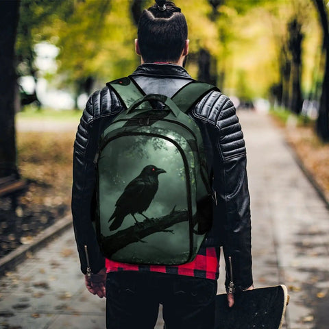 Dope Red Eye Crow Mist Woods Printed Backpack worn by person in park, daypack for everyday adventures, durable polyester, smooth zipper.