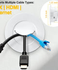 In-Wall Cable Management Kit For TV With 2 Wire Pass-Throughs And 1 Hole Saw Drill Attachment showing cables connected