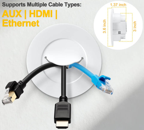 In-Wall Cable Management Kit For TV With 2 Wire Pass-Throughs And 1 Hole Saw Drill Attachment showing cables connected