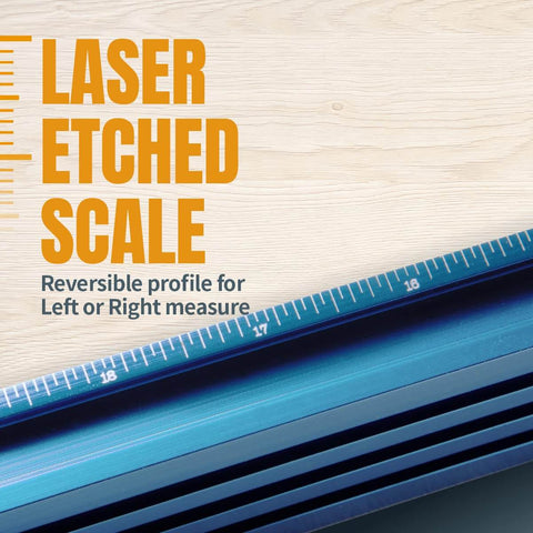 Close-up of 24 inch T Slot Drill Press Fence Kit with laser-etched scale and reversible fence for woodworking precision.