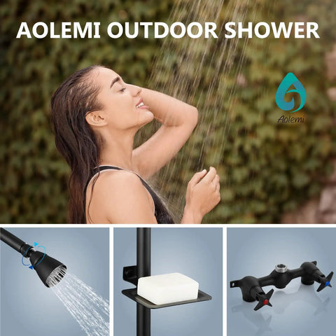 Outdoor Shower Kit With High Pressure Showerhead 2 Handle Exposed Faucet System Brass Mixing Valve 6 Inch Center Soap Dish Matte Black Finish Solid Brass Head And Valve Stainless Steel Pipe For Poolside Beach Resort Courtyard