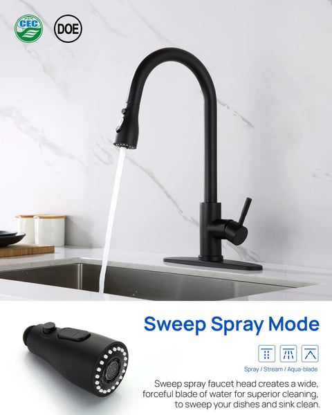 Top Shelf Slick Pull Down Kitchen Faucet Sprayer Head Replacement In Matte Black with spray pattern features.