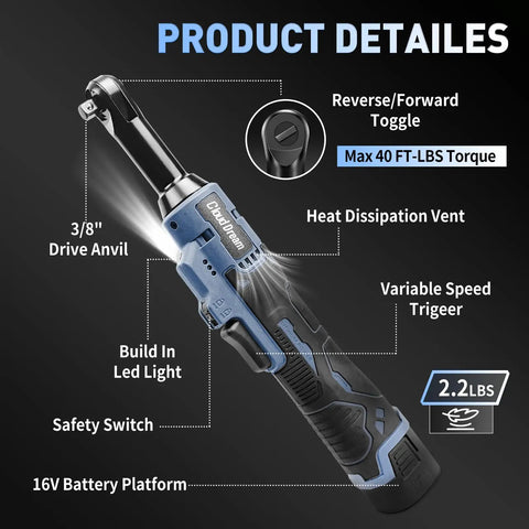 Cordless Electric Ratchet Wrench Three Eighths Inch 16V Power Tool, 40 Ft-Lbs Max Torque with 4-inch neck and detailed parts