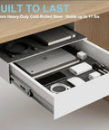 Spacious Under Desk Drawer Featuring Silky Slide Out Rails And A Rock Solid Side Lock Heavy Duty White Steel Organizer for office supplies.