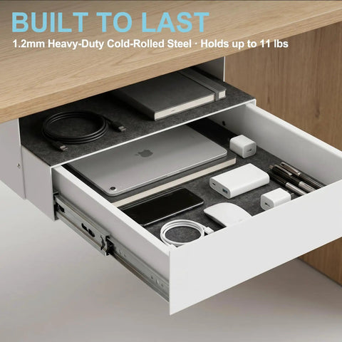 Spacious Under Desk Drawer Featuring Silky Slide Out Rails And A Rock Solid Side Lock Heavy Duty White Steel Organizer for office supplies.