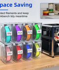 Eight 8 Pack Filament Storage Case For 1.75mm Spools, Airtight Silicone Seal, showcasing TPU, PLA, PETG, PA labels on a shelf