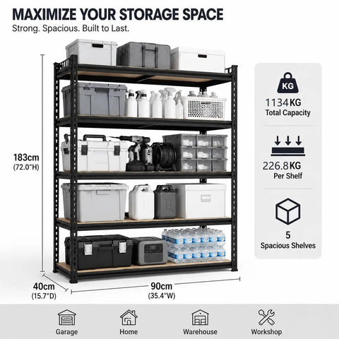 Heavy Duty 5 Tier Adjustable Metal Shelving Unit for Garage and Basement, 2500 lbs Total Capacity Storage Rack with tools
