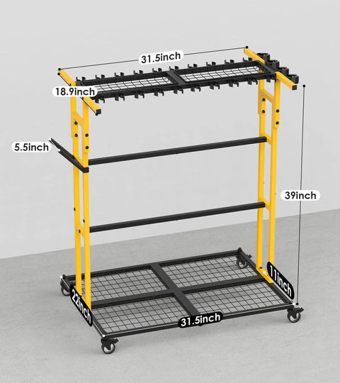 Mobile Garage Tool Organizer Cart on Wheels for Home and Garden, yellow with 31.5x22in base, 39in height, broom holder visible.