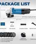 DongCheng 4-1/2 in angle grinder with paddle switch; includes 2 grinding wheels, 2 cutting wheels, 2 flap discs.