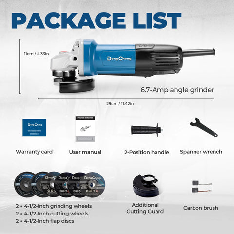 DongCheng 4-1/2 in angle grinder with paddle switch; includes 2 grinding wheels, 2 cutting wheels, 2 flap discs.