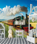 Self Adhesive Train Wall Mural With Steam Locomotive Design, Dope 3D Depth Embossed Texture, Kid Room Decor, Realistic Scenic Accent