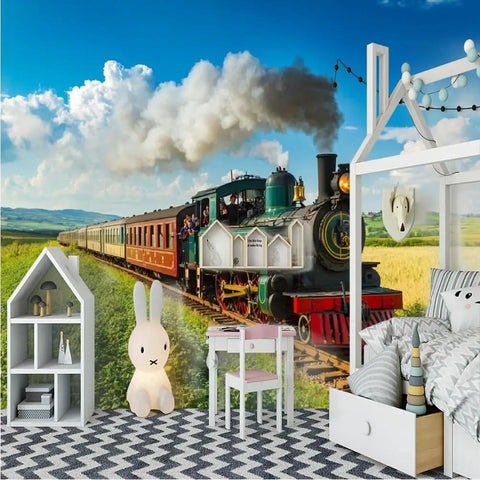 Self Adhesive Train Wall Mural With Steam Locomotive Design, Dope 3D Depth Embossed Texture, Kid Room Decor, Realistic Scenic Accent