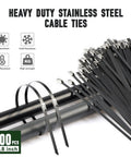 Stainless Steel Cable Tie Gun With 200 Heavy Duty 304 Stainless Zip Ties for fence repair and vehicle exhaust, UV resistant.