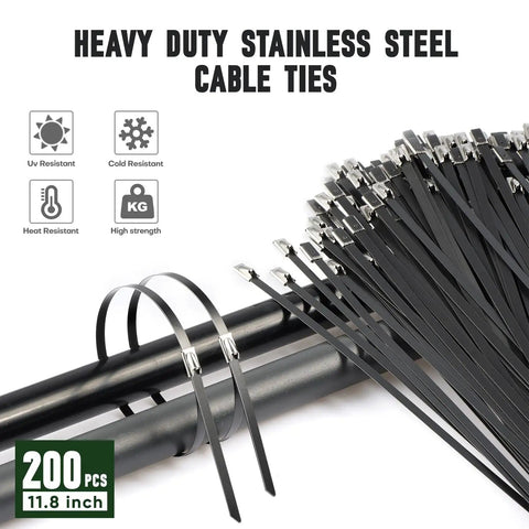 Stainless Steel Cable Tie Gun With 200 Heavy Duty 304 Stainless Zip Ties for fence repair and vehicle exhaust, UV resistant.