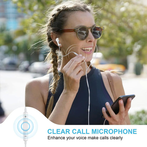 Woman using Type C Wired Earbuds With Mic and Remote For iPhone And Android, Noise Cancelling USB C Headphones, holding smartphone